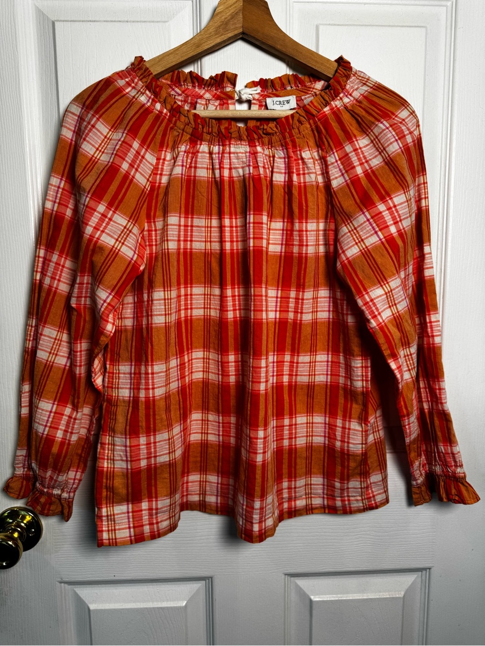 J.Crew Orange Plaid Ruffle Neck Cotton Blouse XXS Peasant Top Fits Size Small